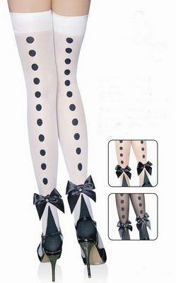 white Nylon polka Dot bow thigh high stockings